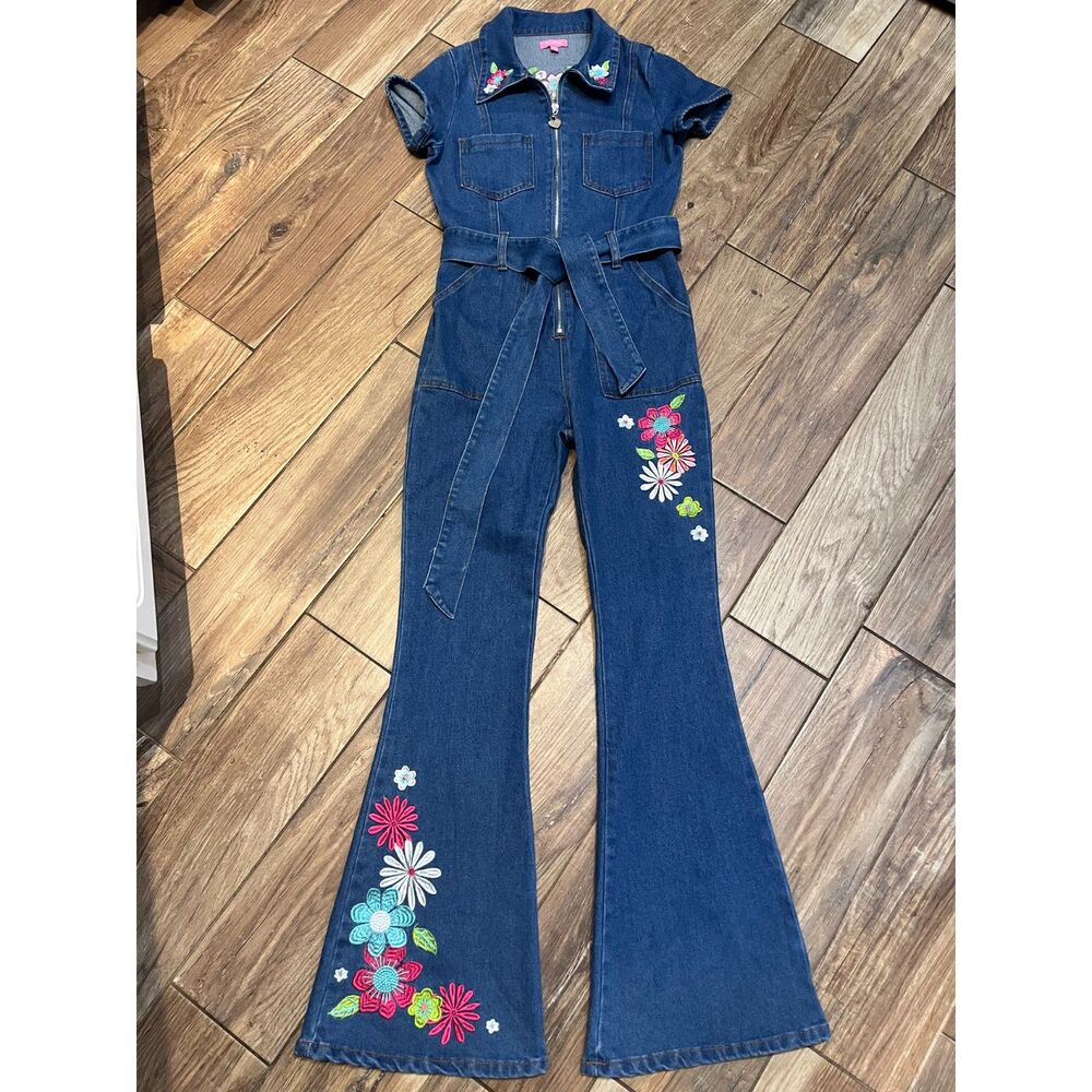 Sugar Thrillz Denim Jumpsuit Floral Embroidery Belted Small